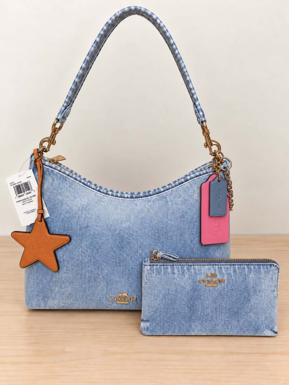 NWT Coach CEF26 Laurel Shoulder Bag In Loved Denim & Large Corner Zip Wristlet